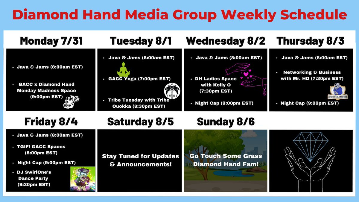 You know the drill... We have another LOADED week on tap inside the DHM Group ecosystem!💎🙌 If you haven't yet, it's one helluva time to get involved with the Diamond Hand Fam!! Be a friend, tell a friend, and save the calendar for this week!!📅🫡