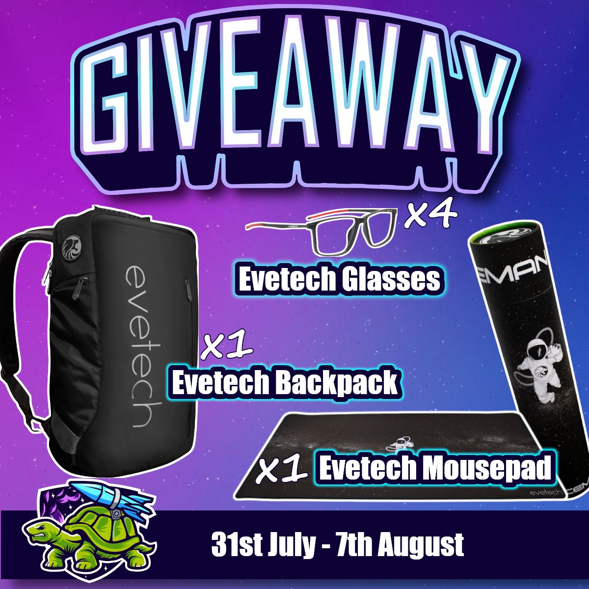 TURBO TORTOISE GIVEAWAY!
We are giving away EVETECH  GLASSES , BACKPACK &amp; MOUSEPAD !

**HOW TO ENTER?**

[1] Simply follow T3 📷
[2] Like this post ❤️
[3] Tag a friend 🫶
[4] Share for an extra entry 📲

Competition closes 7th August

#giveaway <a href="/turbotortstech/">Turbo Tortoise Tech</a>