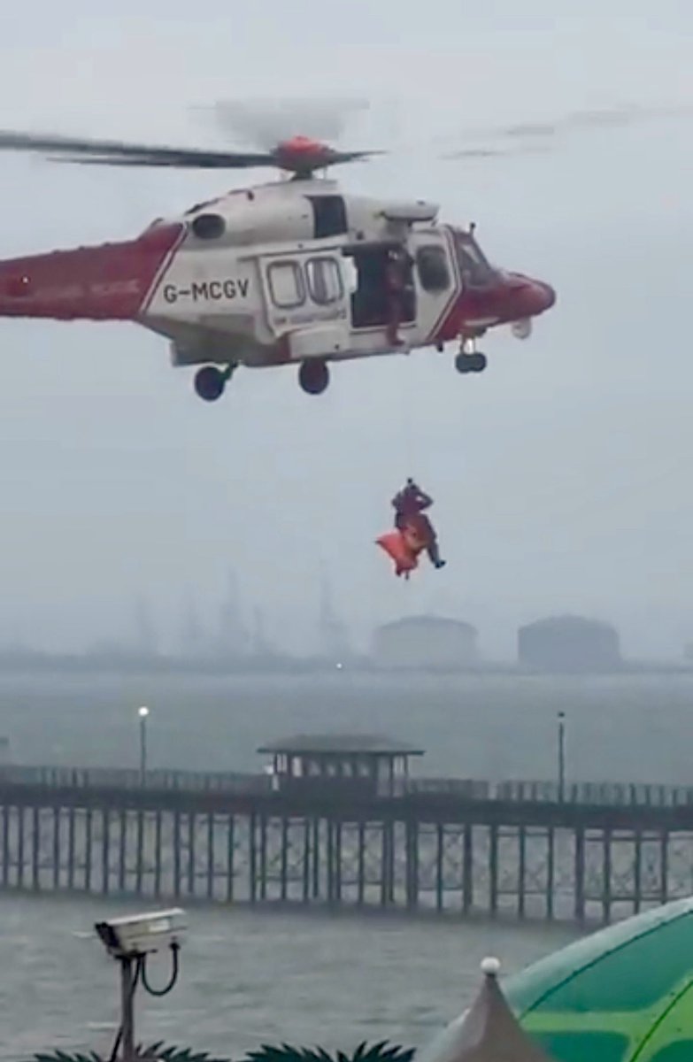 YourSouthend's tweet photo. Breaking: A search &amp; rescue operation is currently taking place on Southend seafront after reports that two people jumped into the water from the Pier.

A coastguard rescue helicopter is circling above the sea near to the Pier, with a winchman being lowered to areas of the water. https://t.co/DywB5iFuxF