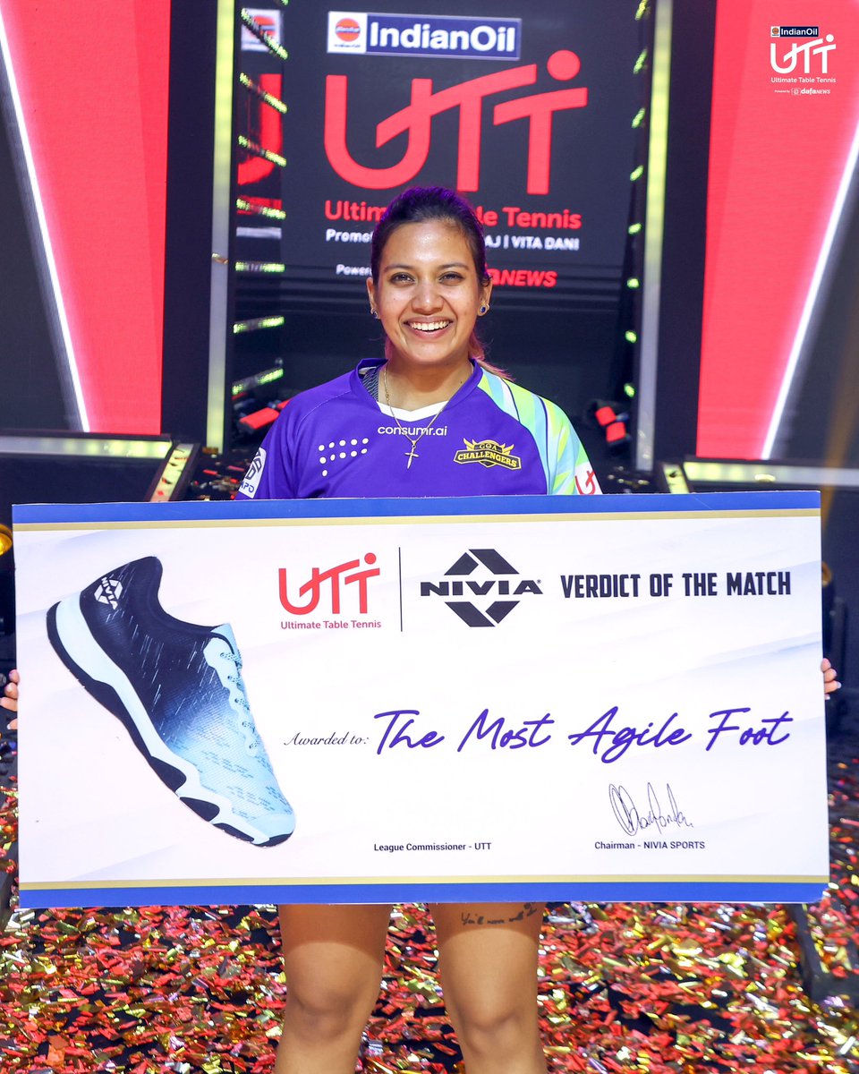 UltTableTennis's tweet photo. Reeth bags the @niviasportsโ 'Most Agile Foot' award for her crucial game against Sutirtha โจ
#TheRallyContinues #UltimateTableTennis #TableTennis #EveryTableIsAPlayground #HarTablePlayground #UTTonJioCinema #UTTonSports18 https://t.co/RU10xGqUdn