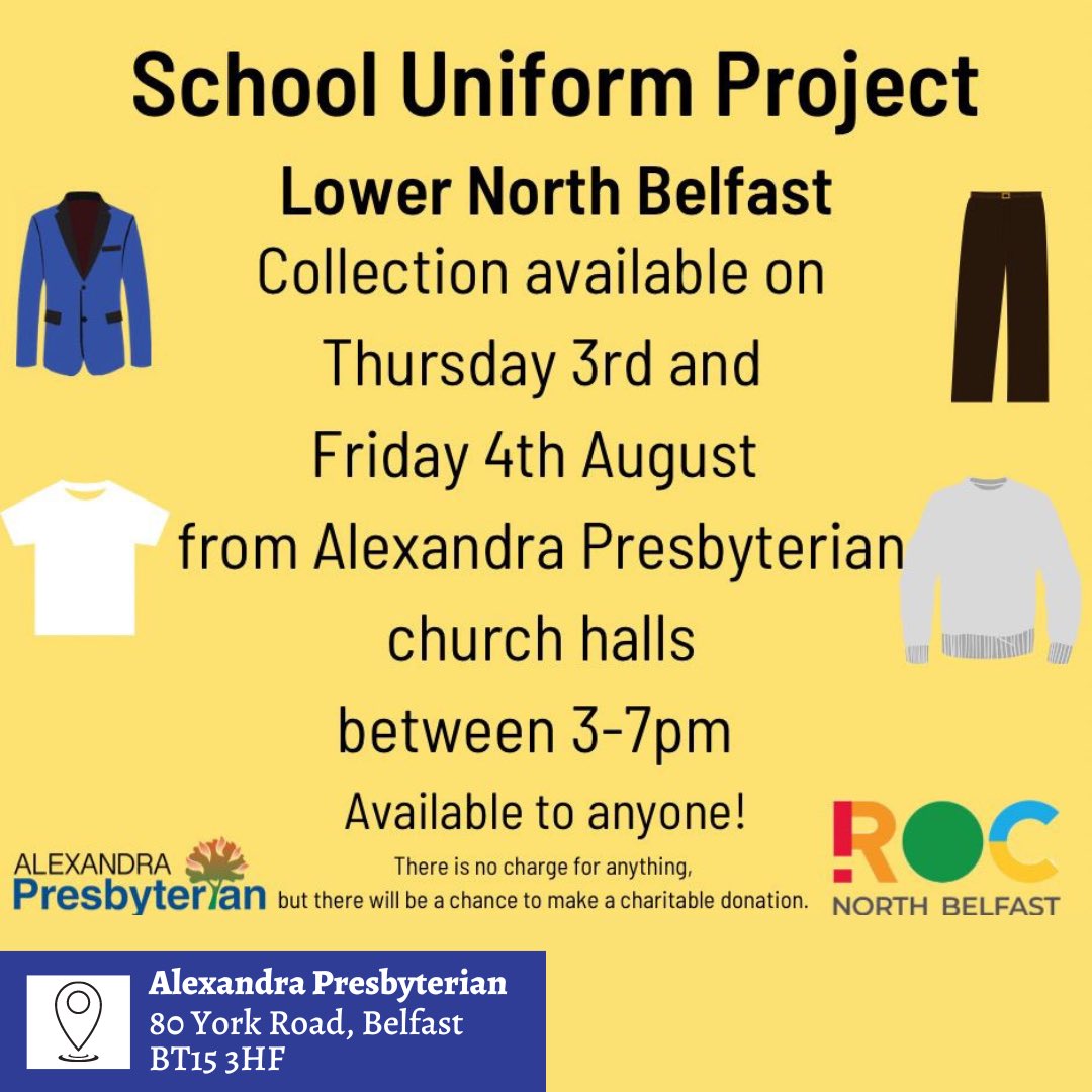 ROC_NI's tweet photo. In this week's School Uniform Projects we have three locations open for collections in #glengormley #ballybeen and #northbelfast 

#schooluniformproject #rocnorthernireland https://t.co/seuyXPcDKK