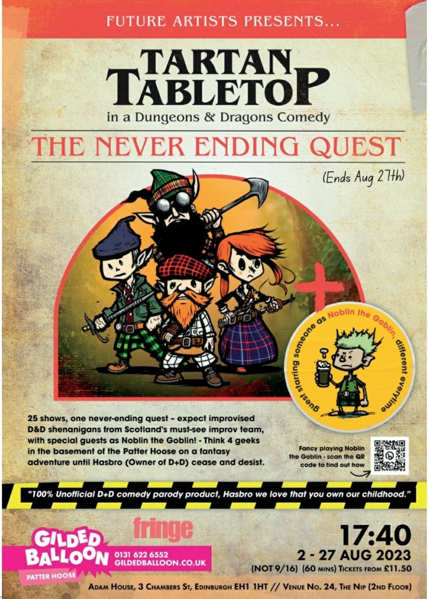 @anna_meldrum315 <a href="/edfringe/">Edinburgh Festival Fringe</a> We'd love to see you at our live Dungeons &amp; Dragons show! Scottish performers and a different special guest playing Noblin the Goblin each day!

tickets.gildedballoon.co.uk/event/14:4980/