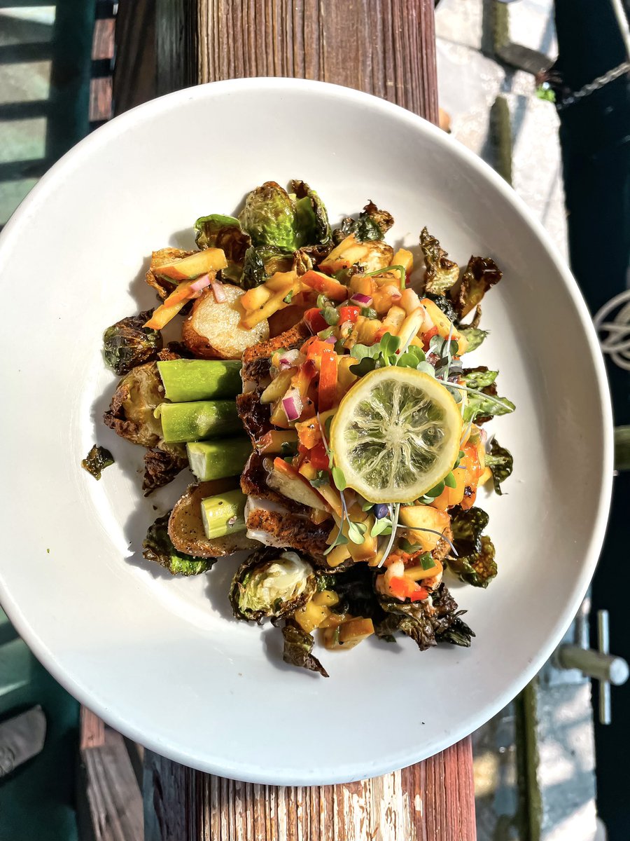 RustyBellies's tweet photo. Sunday Dinner Special 

Blackened snapper over roasted red potatoes, asparagus and fried Brussels sprouts. Topped with grilled peach Malibu salsa, micro greens and candied lemon. 

#boat2bellie #sunday #dinnerspecial #tarponsprings #goodeats #seafoodie https://t.co/nQb3ueYAzX