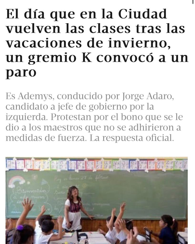 LA EDUCACIÓN NO PUEDE PARAR. EL DOCENTE QUE PARA NO COBRA Y EL QUE NO PARA GANA MÁS.

Mañana muchísimas familias llevarán nuevamente a sus hijos a la escuela tras estas dos semanas de vacaciones de invierno. En la Ciudad, hace años que trabajamos para que los chicos estén en el