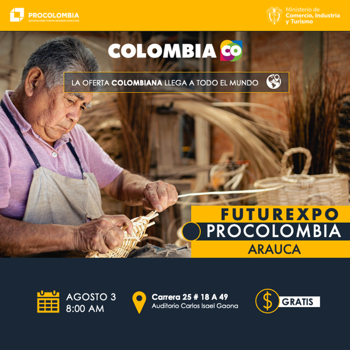 PROCOLOMBIACO's tweet photo. 📢 Este 3 de agosto lo esperamos en #Futurexpo Arauca. Participe y descubra cómo iniciar su proceso exportador y las oportunidades de las artesanías 🏺 de #OrigenColombiano 🇨🇴 en los mercados internacionales.

⏰ Desde las 8:00 a.m.

Inscríbase ⬇️
https://t.co/VqSSDkMZDN https://t.co/KhbjgMawJ2