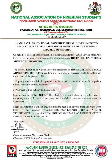 RolandFunwei's tweet photo. NANS Bayelsa chapter endorsed Prince Amgbare as Ministerial Nominee from Bayelsa state. We move! https://t.co/5nzKvvMzDv