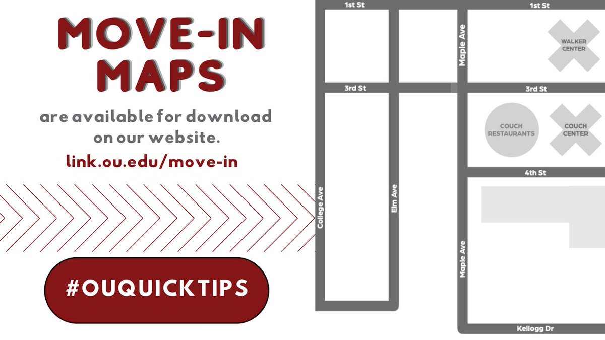 OU_HRL's tweet image. Not sure where you'll need to go during #OUMoveIn23? You can find helpful maps to your Move-In destinations on our website! link.ou.edu/move-in #OUQuickTips 🗺