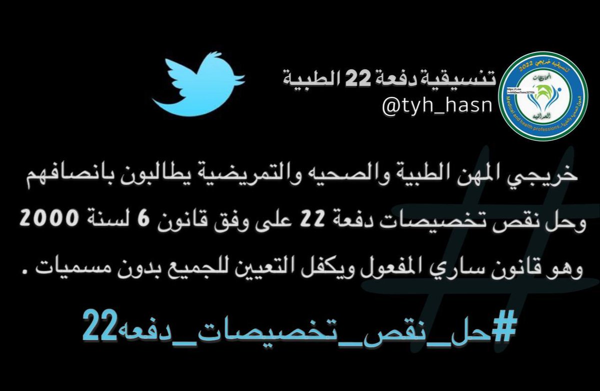 نحن خريجين المهن الصحيه والتمريضيه دفعه 22 مر على تخرجنا اكثر من سنه وشهرين نطالب رئيس الوزراء بحل النقص وتعين جميع خريجين المهن الطبيه والتمريضيه وفق قانون 6 لسنة 2000
#حل_نقص_تخصيصات_دفعه22
