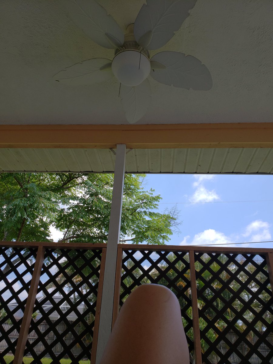 #fan #outdoorfan #patio #trees #bluesky #clouds #fence #knee #thigh #quad #leg #outdoortime #metime #downtime #chilltime #naturetime
