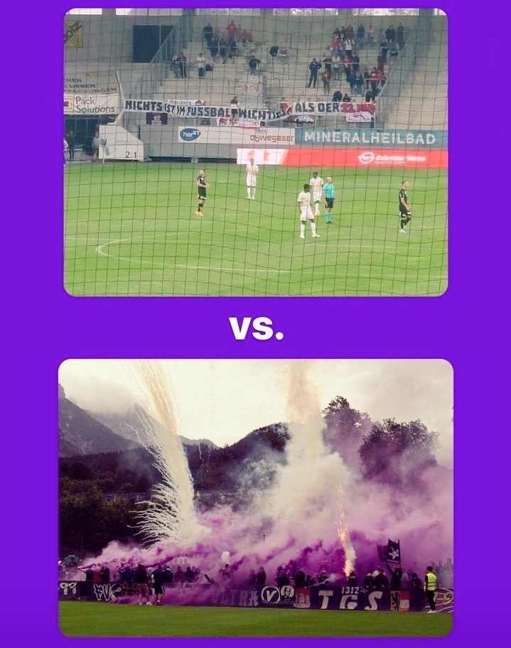 ReinischDieter's tweet photo. Auswärtsauftakt zur neuen Saison von #Salzburg|er Vereinen. Nur so zum Vergleich halt... ⚽️💜⚽️💜
#InSalzburgNurWir #noalcalciomoderno #gegendenmodernenfussball #againstmodernfootball #RBmerda #Alltach #Pinzgau #Saalfelden #fussball #curvaviola https://t.co/CC2iVjxG9l