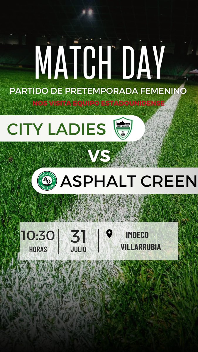 🏐 Amistoso 

🗓Lunes 31
🕙 10:00 horas
🏟 IMD Villarrubia 
⚽️ Asphalt Creen (América)

Vamos a disfrutar y a por todas 💪⚽️⚽️

Somos City somos Ladies 😊