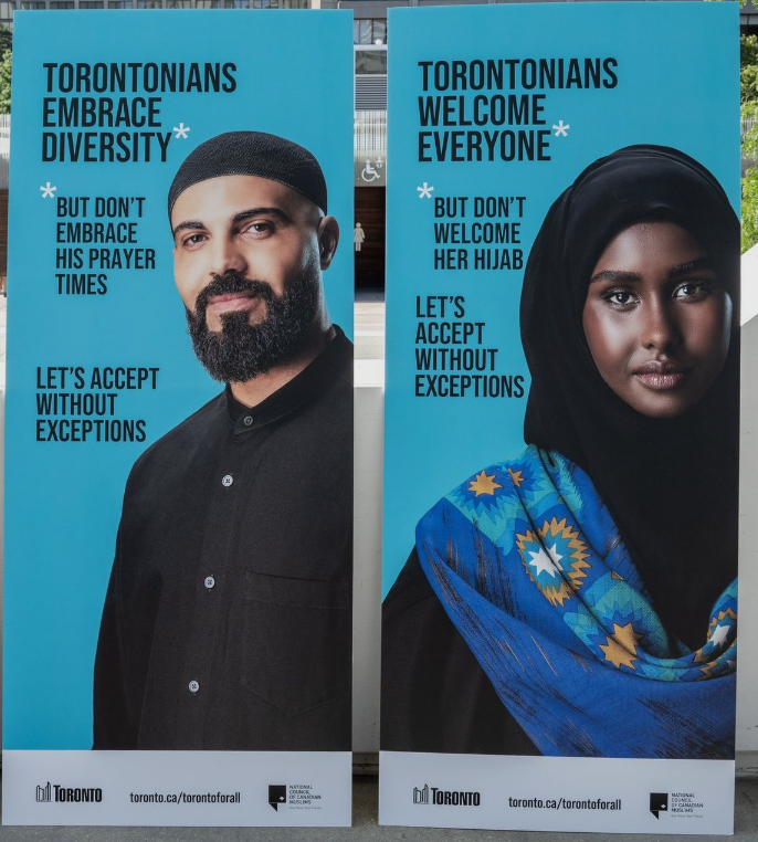 aamullanee's tweet photo. I may be getting skeptical in my old age, but I don't like the tag line of Toronto's new anti-Islamophobia campaign: "Let's accept without exceptions." https://t.co/XwmhMdm1rj