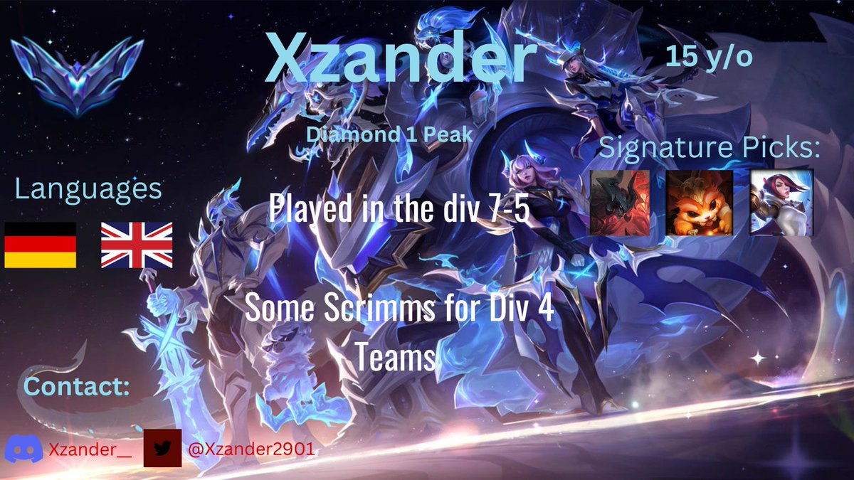 Xzander2901's tweet photo. Im still in one of the Team From Eintracht Frankfurt but id like to see my options for the next split.

Im looking for a Div 5 or even Div 4 Team which wants a young toplaner who like to improve. 

Retweets are much aprreciated 
@lft_prime https://t.co/0dbHNMeny0