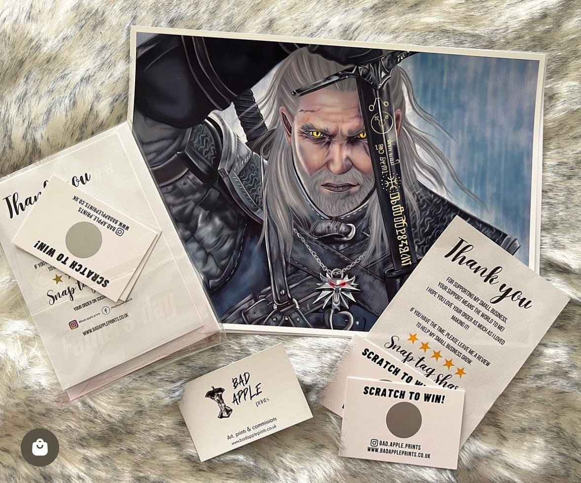 BadApplePrints's tweet photo. An old painting, but a favourite of mine! What was your favourite part of the Witcher 3?  My Witcher painting is available to purchase on my website! This one is the A4 sized print (9x11inches) <3 https://t.co/uAnDovRR4m