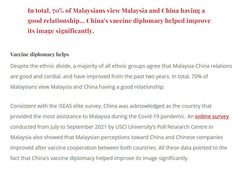 Malaysia: Vaccine donations during Covid were clearly quite important for helping China's image in Malaysia.<br>(this is broadly true for most of ASEAN in general)<br>