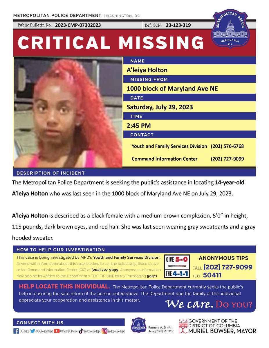 Critical #MissingPerson 14-year-old A’leiya Holton who was last seen in the 1000 block of Maryland Ave NE on July 29, 2023.

Have Info? Call 202-727-9099 or Text 50411