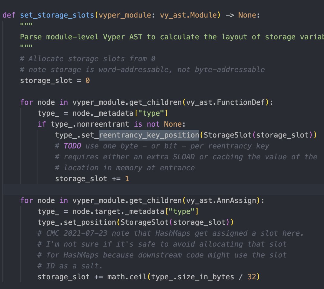 The following code in Vyper compiler caused $24M+ hacked in multiple  @CurveFinance pools It seems the nonreentrant guard uses different storage  slot.
