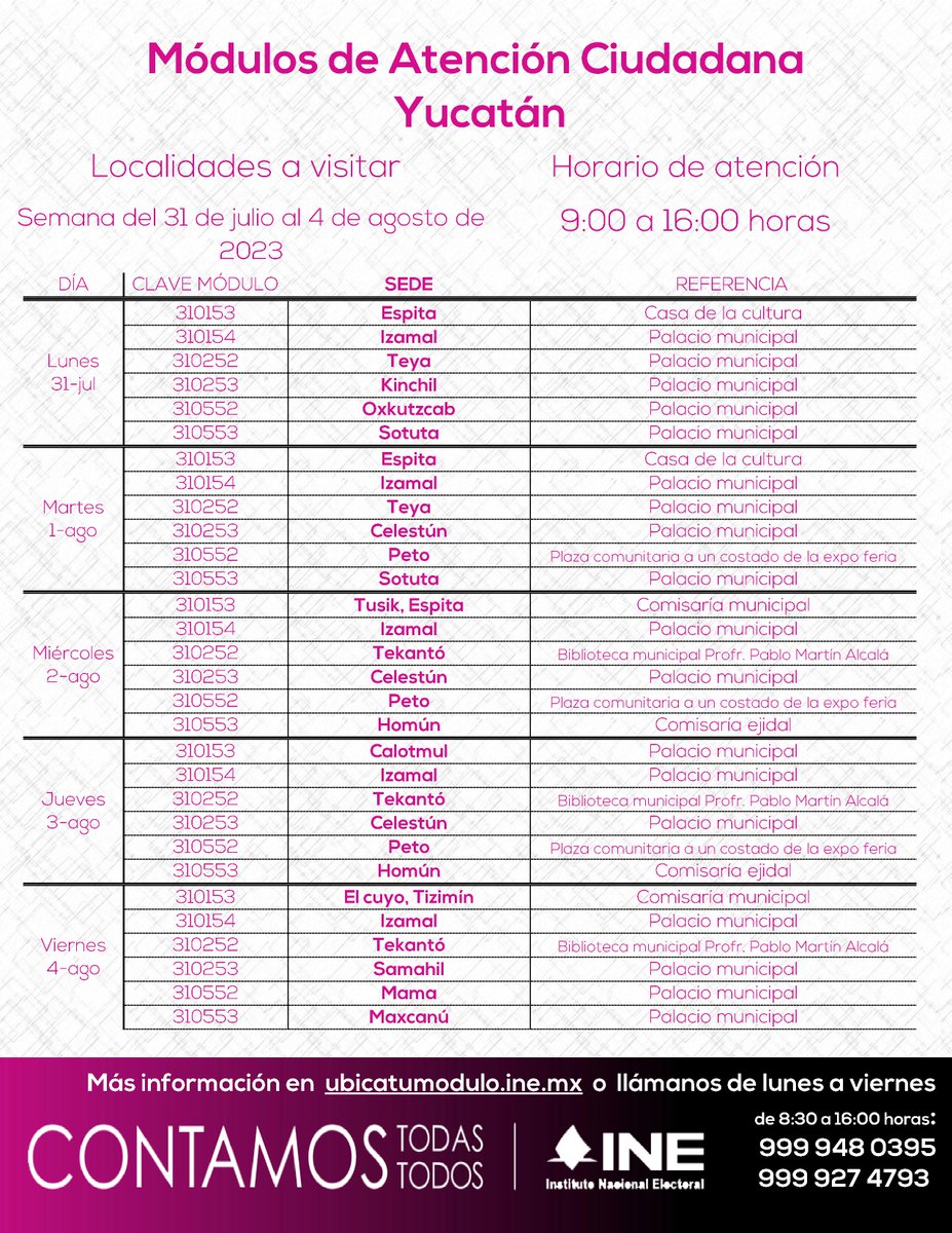 INEYucatan's tweet photo. Atención localidades de: #Espita, #Izamal, #teya, #Kinchil, #Oxkutzcab, #Sotuta, #Celestún, #peto, #tusik #tizimín, #TEKANTO, #Homún, #Calotmul, #elcuyo, #Samahil, #Mama y #Maxcanú, los módulos del #INE #Yucatán estarán de visita en sus comunidades del 31 de julio al 4 de agosto. https://t.co/l5tZqmn4hM