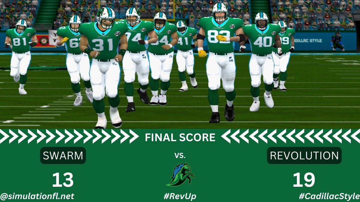 🏈RESULT🏈

It's a 1-0 start to the <a href="/simulationfl/">Simulation Football League</a> for the Revolution! 

A huge defensive effort got us past an always tough opponent in the <a href="/AtlantaSwarm/">Atlanta Swarm</a> at home, 19-13.

It's always good to start the season with a win - hopefully the first of many!💪

#RevUp #CadillacStyle