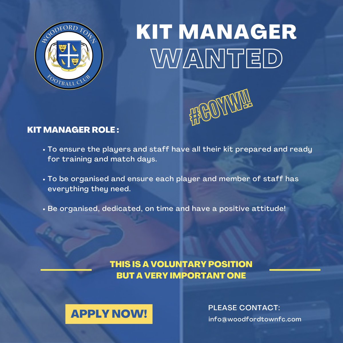 WoodfordTownFC's tweet image. ⚽🎽KIT MANAGER WANTED!
Are you interested in helping The Woods this season? Thiis is a voluntary position but a very important one! 
Please email media@woodfordtownfc.com to apply...
#COYW #Kit #KitManager #Wanted