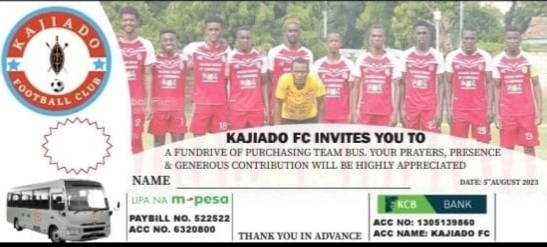AlAhlyFC_034's tweet photo. Kajiado FC invites you for a fundraiser in aid of buying a team bus to be held on 5th of August 2023 at the KCB grounds Kajiado. Your prayers, presence and generous contribution will be highly appreciated. https://t.co/nexnjlAkXH