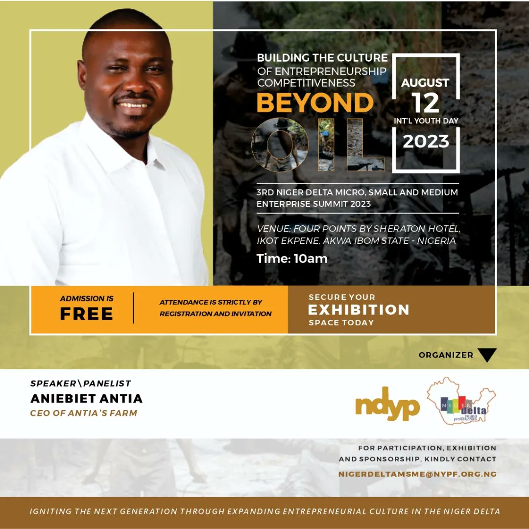 OfficialNYPF's tweet photo. Are you a small or medium business owner operating in the Niger Delta Region?  

Are you between the ages of 20 - 45 years?

If YES...

You are specially invited to participate at the 3rd Niger Delta MSME Summit 2023
@akwaibomgovt @AniebietAntia2 @nigerdeltaforum @MosesSiasia https://t.co/Qc8nVUFj91