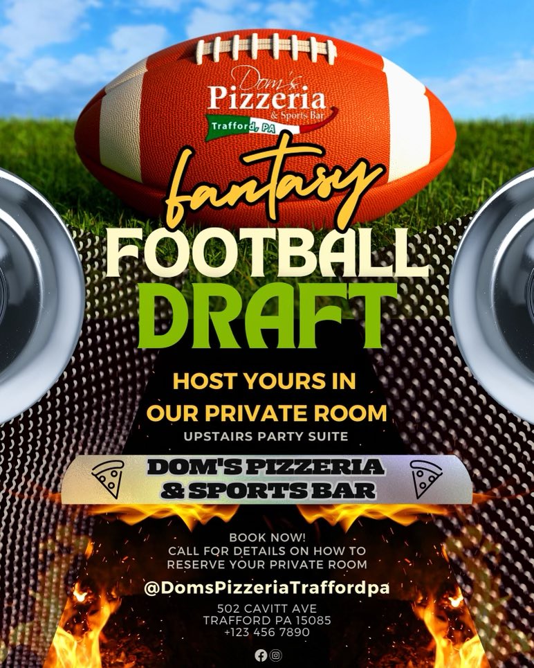 Banquet rooms available for fantasy drafts.  Free wifi.  No fees or charges for the room.  Two Large Pizzas for $24 dollars.  Large pizza, whole hoagie, dozen whole jumbo wings for $40.  Best place to host a draft.  Dates filing fast! Call or DM to book your spot!412-372-3667.