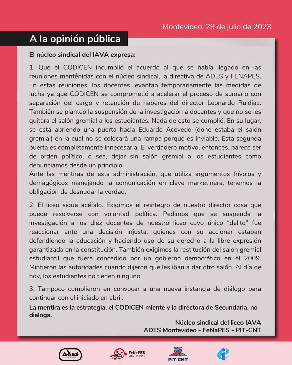 Compartimos declaración del núcleo sindical del IAVA ante el incumplimiento de los acuerdos del CODICEN

#ENDEFENSADELAEDUCACIÓNPÚBLICA
#SINEDUCACIÓNPÚBLICANOHAYFUTURO
#SINDOCENTESNOHAYEDUCACION