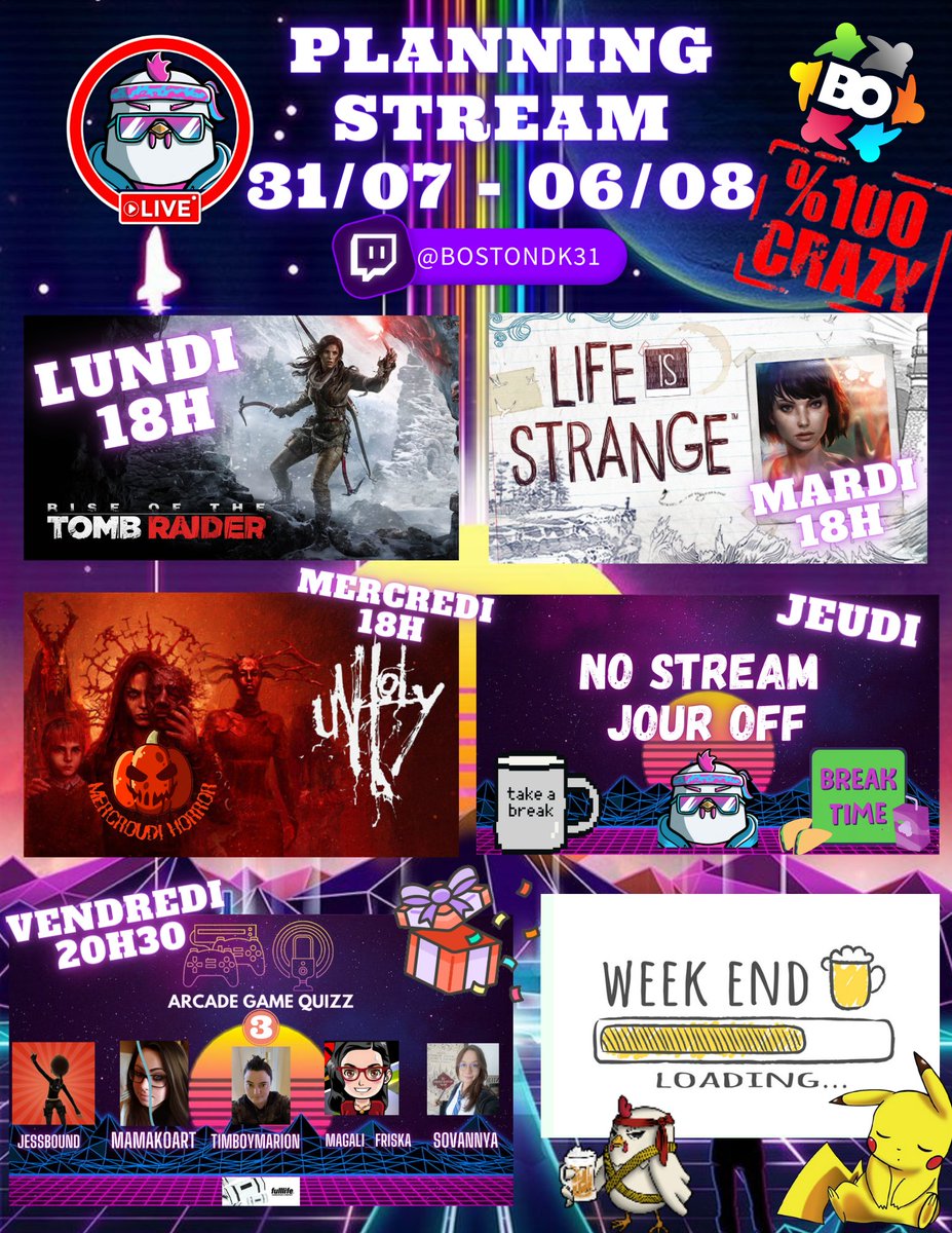 Hello les poulets,  
NEW PLANNING STREAM  SEMAINE SPECIAL GIRL POWER !!! 
Du Fun, de la rage, des délires bref rejoins nous passer un bon moments entre barjo !!! 
twitch.tv/bostondk31
#TwitchStreamers #twitchaffiliate #planning