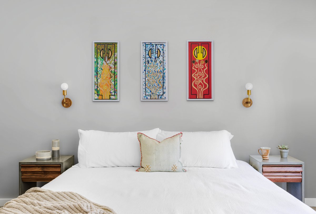 Roy &amp; I are very pleased with the way this #triptych has turned out #spring #summer #autumn Come and see this &amp; our other work at Sandown Racecourse September 22-24th #art #exhibition #surreyartfairautumn2023 <a href="/contempartfairs/">ContemporaryArtFairs</a> #abstract #beadwork #painting #contemporary #modernart