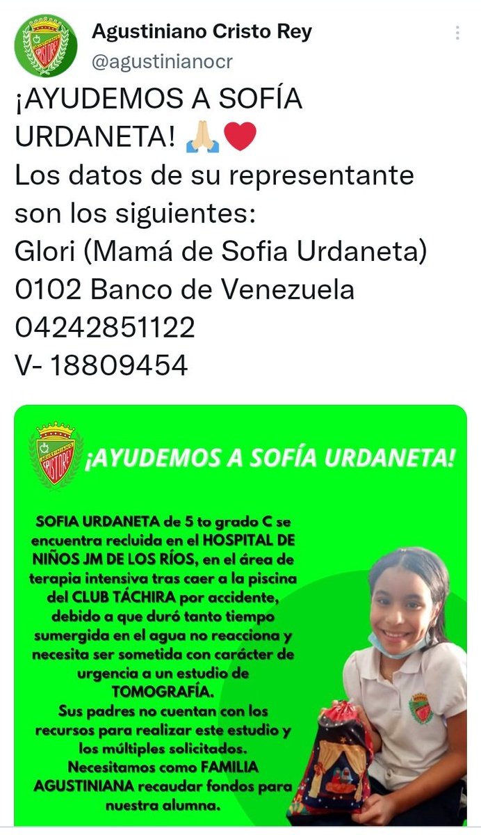 STVcaracas's tweet image. El Colegio Santo Tomás de Villanueva se une a la campaña de ayudar y sumar corazones solidarios con Sofía Urdaneta, alumna de nuestro colegio hermano @agustinianocr