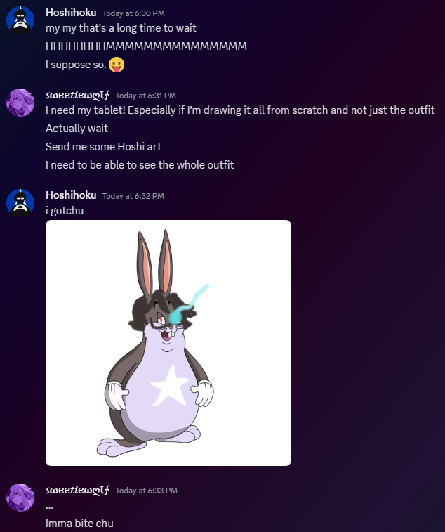 hoshihoku69's tweet photo. Good Morning Twitter.  We have some fresh #TraumaWithHoshi for you guys today featuring @SweetieWolfVT .  Not sure what's wrong when I gave her a reference like she asked. #vtubers #discordscreenshots https://t.co/wA8uJOSAM9