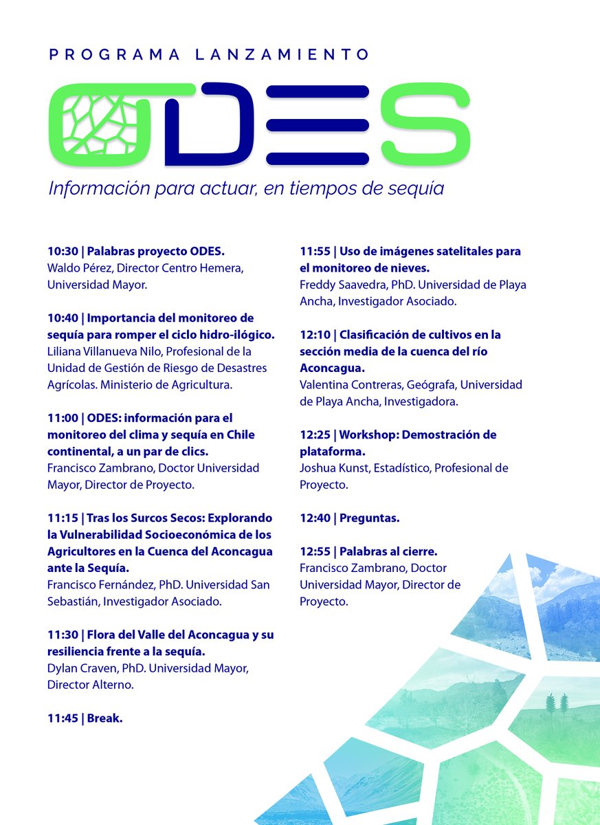 Agromet_RAN's tweet photo. Invitación 📩Lanzamiento Observatorio de Sequía ODES, información para actuar en tiempos de sequía.
02 agosto 2023, 10:30 hrs, Auditorio Campus El Claustro, Universidad Mayor, en Av. Portugal 351, Santiago
Inscripción: https://t.co/y6mQBroxGV https://t.co/1vyeceytVV