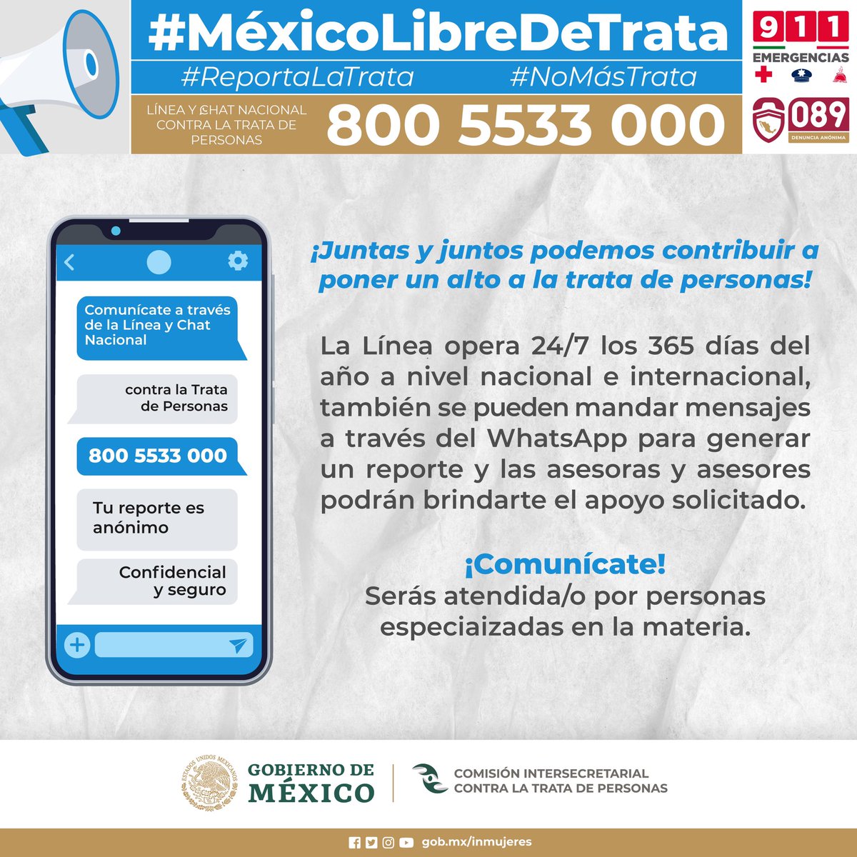 #ReportaLaTrata, para eso ponemos a tu disposición la Línea y el Chat Nacional contra la trata de personas perteneciente a <a href="/elconsejomx/">Consejo Ciudadano Mx</a>,  que ofrece atención permanente y personalizada. #NoMásTrata