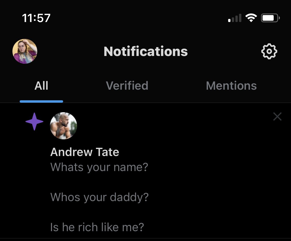 ilonaftoth's tweet photo. Why am I getting notifications when people I don’t follow tweet? Why is one of those people andrew t*te https://t.co/3hlFO9VCgx