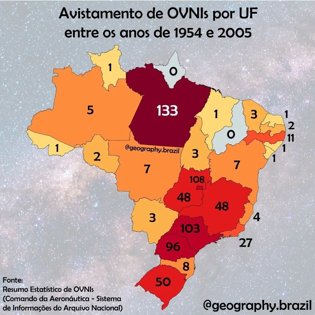 RonyVernet's tweet image. Number of UFO cases documented by Brazilian Air Force between 1954 and 2005, which documents were disclosed to our National Archives. I will update this map soon, including the 2006-2022 period.