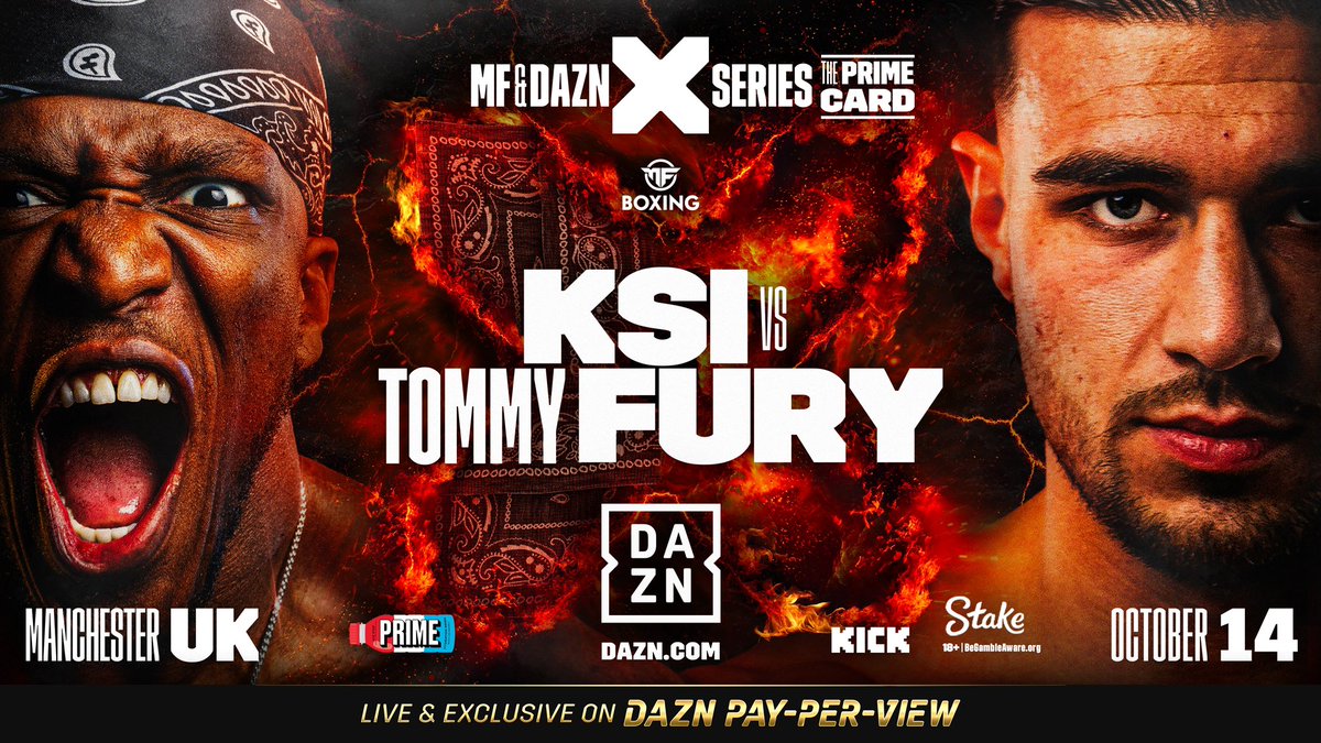 MisfitsBoxing's tweet photo. THIS. IS. HAPPENING. 🤯

@KSI takes on @tommytntfury in the biggest night in crossover boxing history, at Manchester’s AO Arena, live on @daznboxing PPV 😤

#KSIFury | October 14 | @mf_daznxseries | @PrimeHydrate | @kick | @stake https://t.co/jZ4LNxWN4a