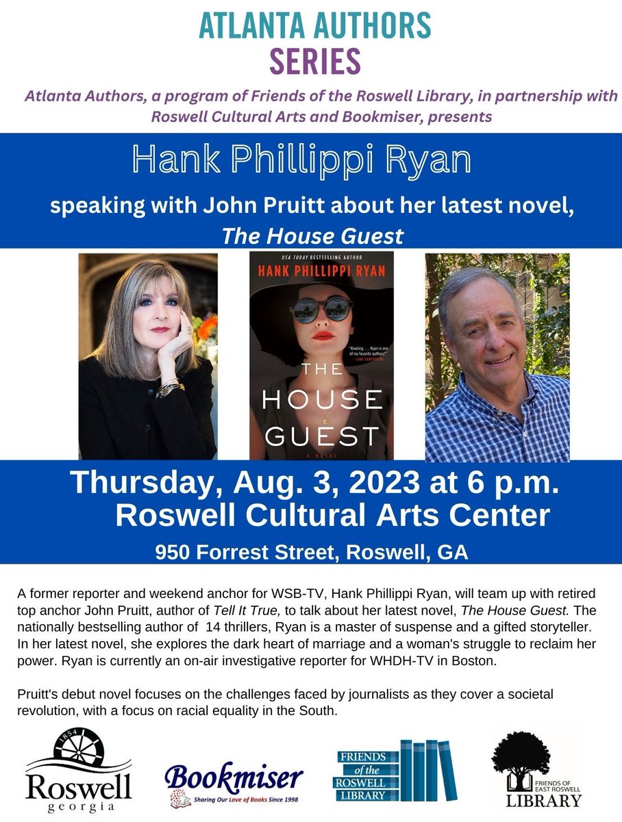 HankPRyan's tweet photo. ATLANTA! SO honored to join the iconic John Pruitt to chat about THE HOUSE GUEST and TELL IT TRUE and all things books &amp; writing! 
See you THURSDAY at Roswell Public LIbrary Atlanta Authors Series!

REG: https://t.co/cu9St9MB26

@MagicTimeLit   @ForgeReads @wsbtv #atlantaauthors https://t.co/XzVO0ek6XN
