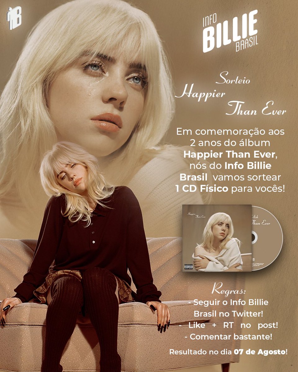 InfoBillieBR's tweet photo. Feliz aniversário, 'Happier Than Ever'. O dia é dele mas o presente é de vocês! Quer receber um CD do segundo álbum de Billie Eilish? Então se liga nas regras. Boa sorte! 💛 

— Esteja nos seguindo.
— RT + LIKE no post.
— Comentar bastante.

Resultado: 07 de agosto. https://t.co/IKa59jImdz