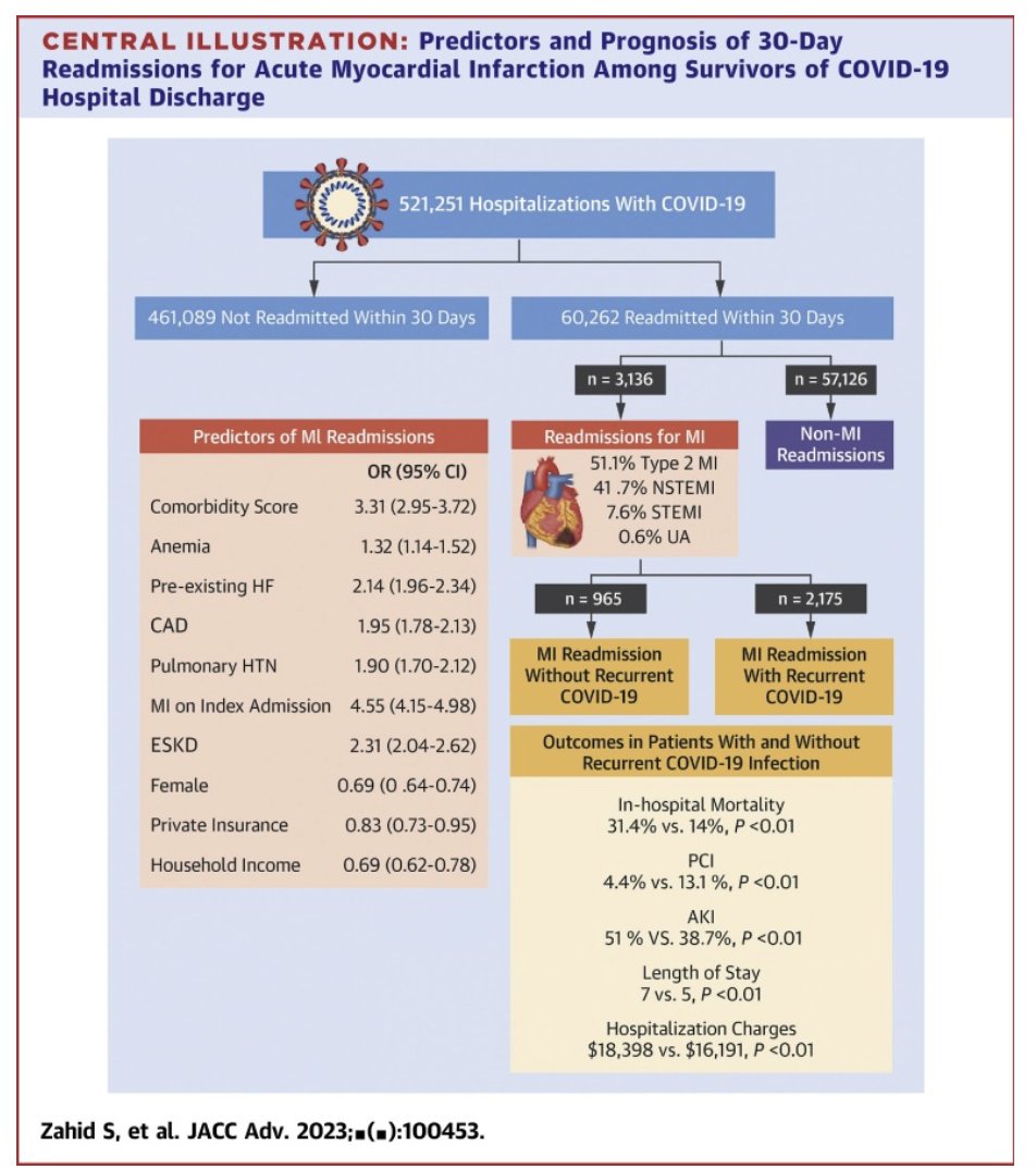Our @JACCJournals 📜under the mentorship of Dr. @ErinMichos🇺🇸cohort study during the pandemic year 2020 reveals crucial insights on #COVID19 survivors' readmissions due to MI. CI👇Major implications for future research for MI prevention with COVID-19 💉.sciencedirect.com/science/articl…