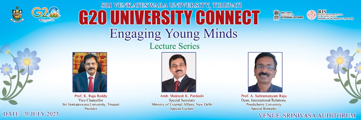 Beginning shortly #UniversityConnect Lecture Series at Sri Venkateswara University, Tirupati with @RIS_NewDelhi #JanBhagidari
@PMOIndia @MEAIndia @DrSJaishankar @amitabhk87
@harshvshringla @MukteshPardeshi @sachin_chat
@pdash76 @G20_Bharat @g20org