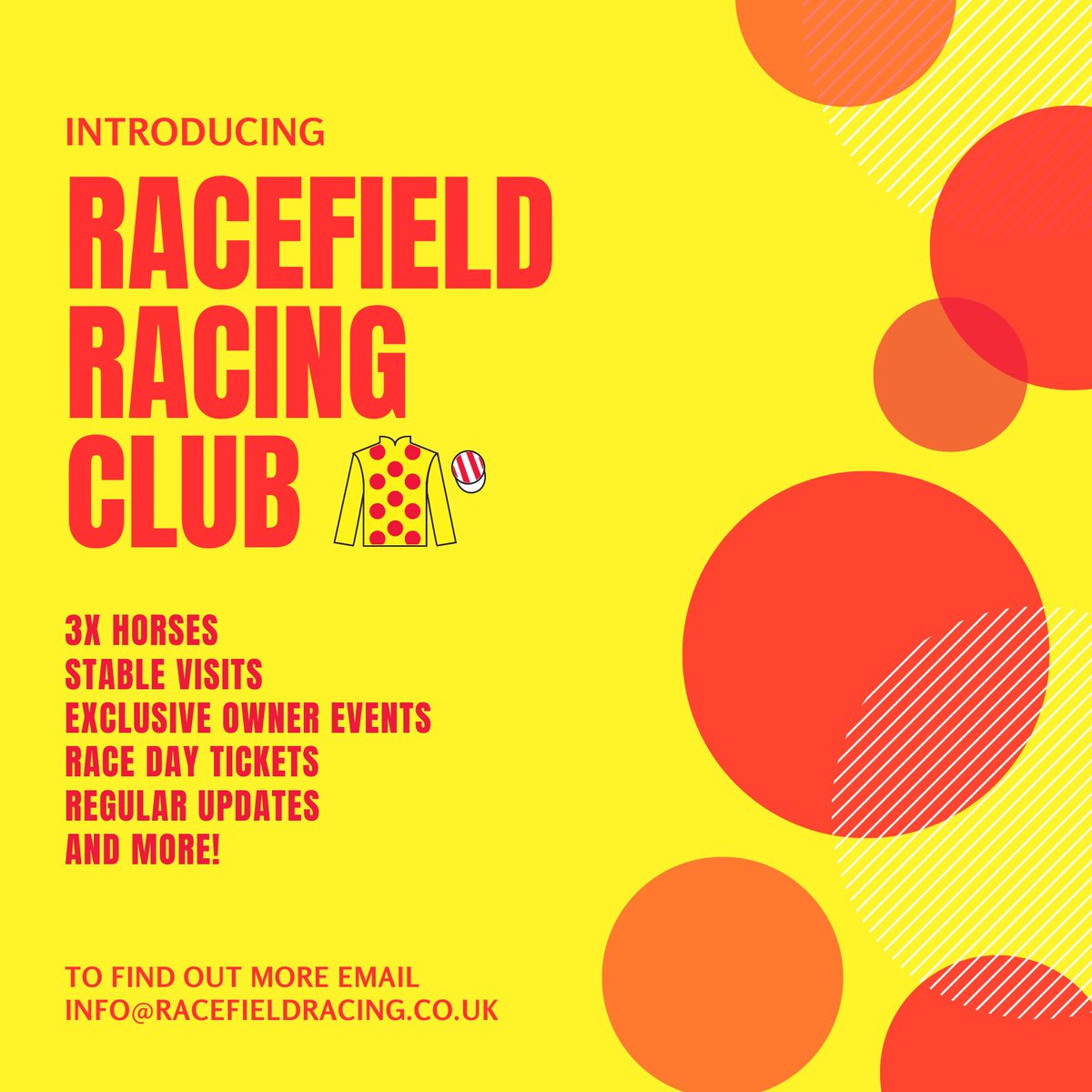 We are delighted to introduce Racefield Racing Club, the official Racing Club for Racefield Stables and trainer @philmcentee1 🟡🔴 The annual fee consists of 3 horses with many perks including stable visits, race day events and more! 📧 info@racefieldracing.co.uk
