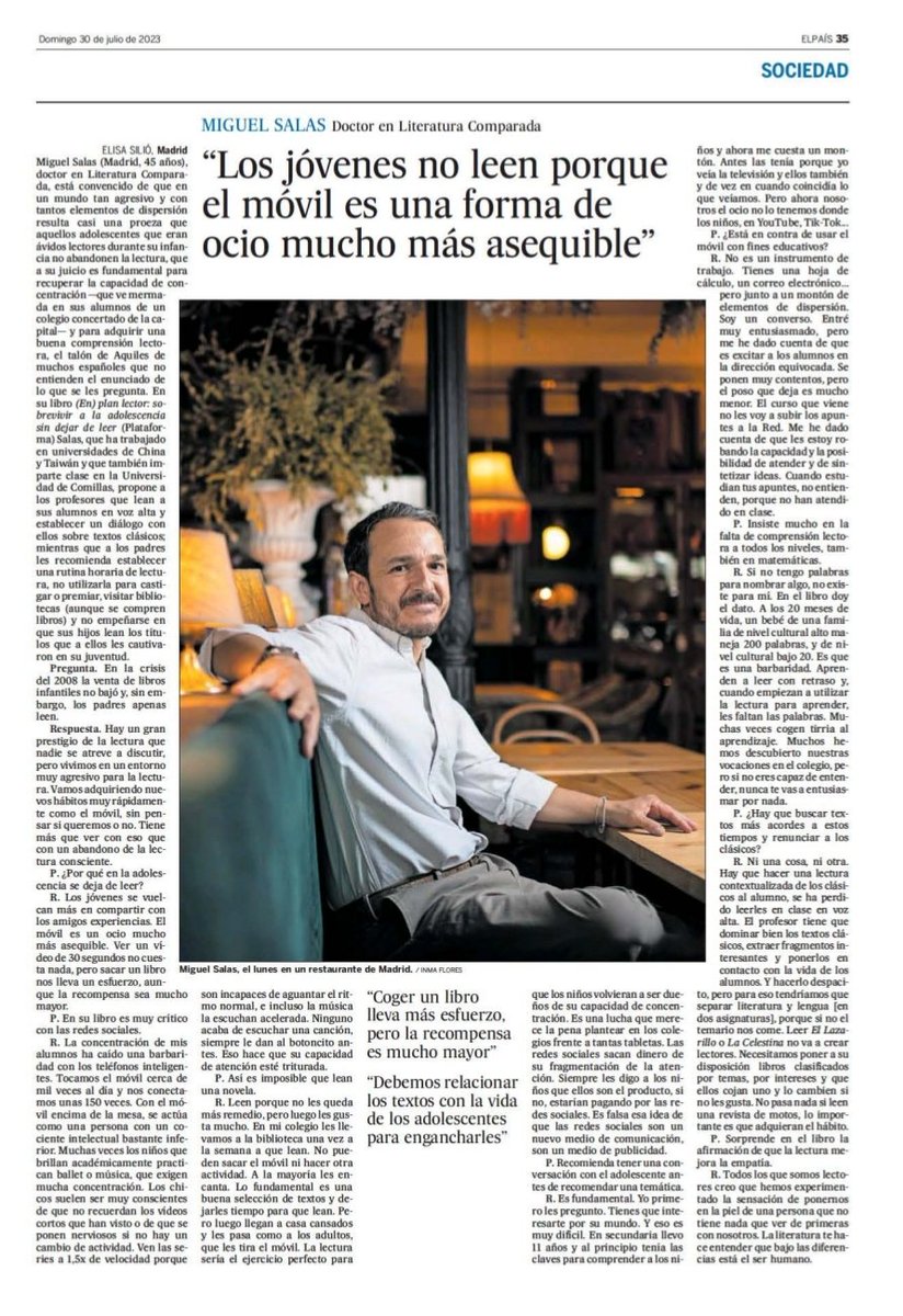 JoseMTorralba's tweet photo. «Hay que hacer una lectura contextualizada de los clásicos al alumno. Extraer fragmentos interesantes y ponerlos en relación con su vida. Se ha perdido leerles en voz alta en clase». Buena entrevista de @ElisaSilio a Miguel Salas en @el_pais. https://t.co/pFl0qANJsD