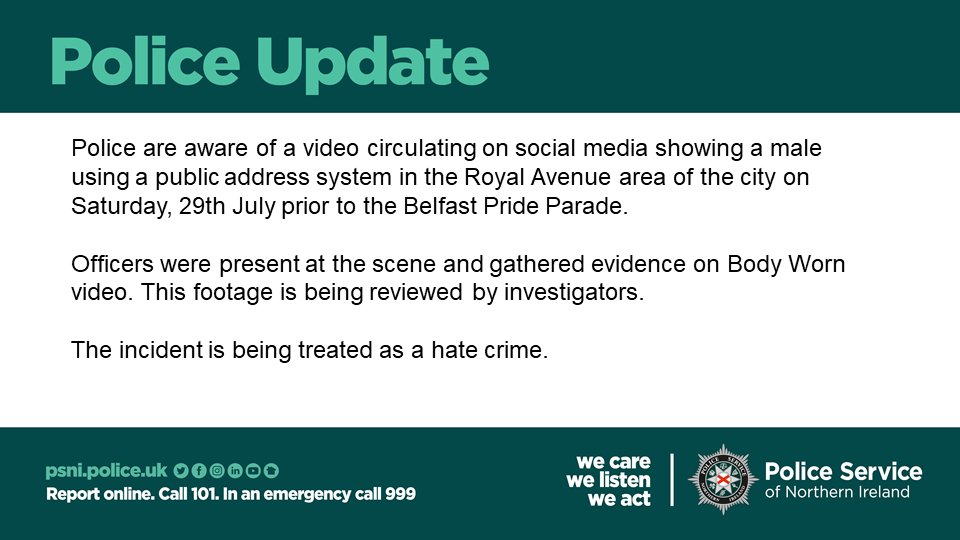 We are aware of a video of a man using a public address system in Belfast yesterday. We are treating the incident as a hate crime.