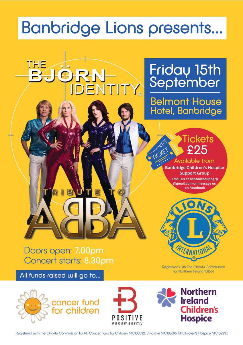 Our friends at @banbridgelions are hosting a fundraiser on Fri 15 Sep at #BelmontHouseHotel with #TheBjornIdentity Abba Tribute Show 🪩💃 Tickets are £25 & all funds raised are going to @nichildrenshosp @CancerFundChild & #bpositiveadamsarmy 🙌 Message us to buy a ticket! 💜❤️