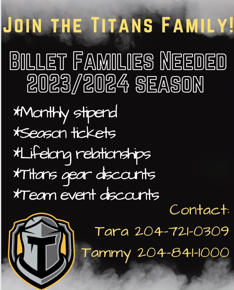 The Neepawa Titans are looking for temporary and permanent billets for the 2023-24 season! 

Junior hockey doesn't run without billet families. With your help, we can make dreams come true.  

#TitanUp🛡️🗡️