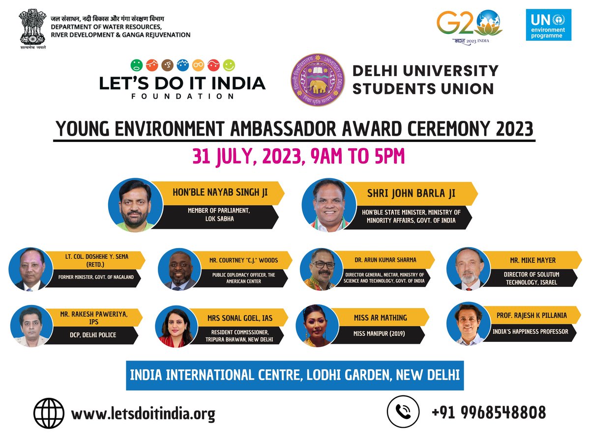 letsdoitindia_'s tweet photo. 'Young Environment Ambassador Award Ceremony 2023' on : July 31, 9AM to 5PM at India International Centre, New Delhi. Let's recognize and honor the exceptional efforts of youth who've made a positive impact on our environment. Together with Delhi University Students Union (DUSU) https://t.co/WazQcvAvme