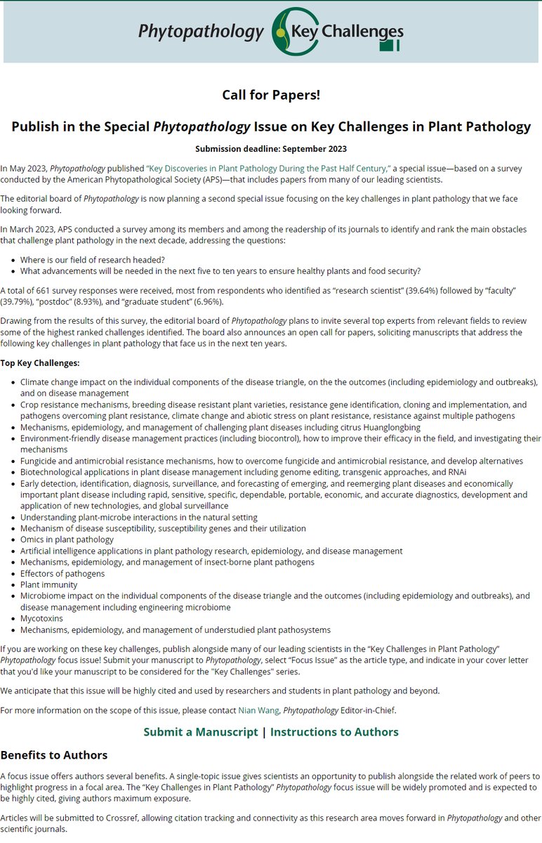 Please RT. Please join colleagues in plant pathology community to tackle key challenges in plant pathology that face us in the next ten years! Both research articles and review articles are welcome. Submission deadline: September 2023. apsjournals.apsnet.org/keychallenges2….