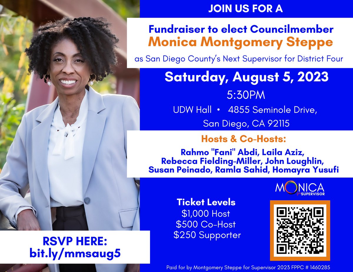 rubywhite's tweet image. On Aug 15 we can make history by electing Monica Montgomery Steppe to represent us in San Diego County’s Fourth Supervisorial District.

Meet Monica and help get her elected by donating to her campaign on Saturday Aug 5 at 5:30PM, UDW Hall bit.ly/MMSaug5