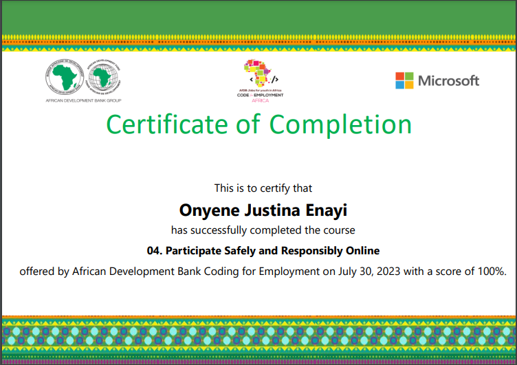 OnyeneEnayi's tweet photo. Exciting News!๐Just achieved a prestigious certification from @AfDB_Group & @Microsoft in the "Participate Safely and Responsibly Online" course with a perfect score of 100%!
#CodingForEmployment #MicrosoftCertified #DigitalSkills #OnlineSafety
Thanks to @AfDB_Group & @Microsoft https://t.co/QEGiKKTuQC